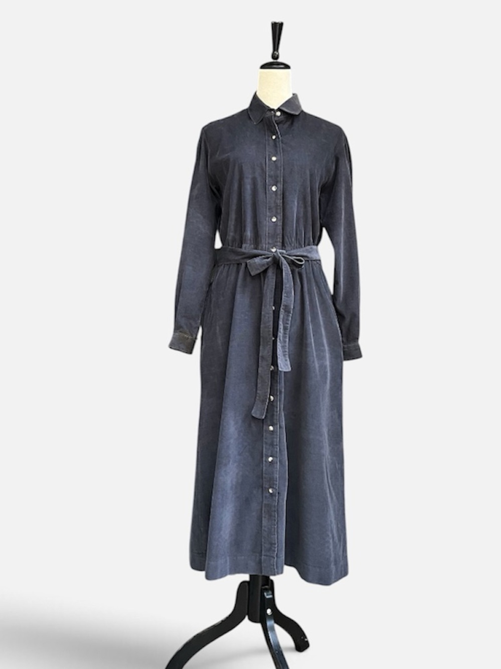 Vintage Lands' End Micro-Corduroy Mid/Maxi Button Front Dress in Blue Sz 12